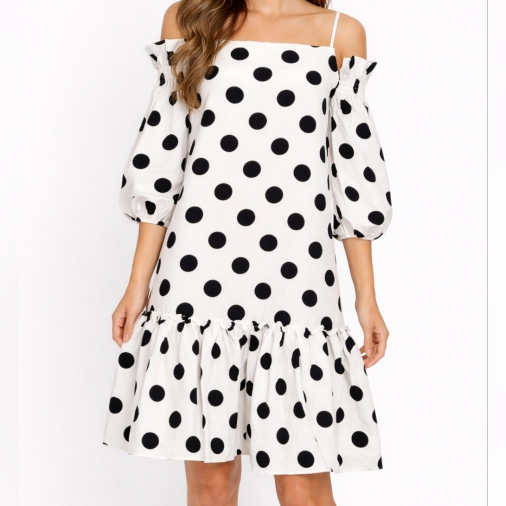 CQ by CQ White & Black Polkadot Cold-shoulder Puff Sleeve Dress